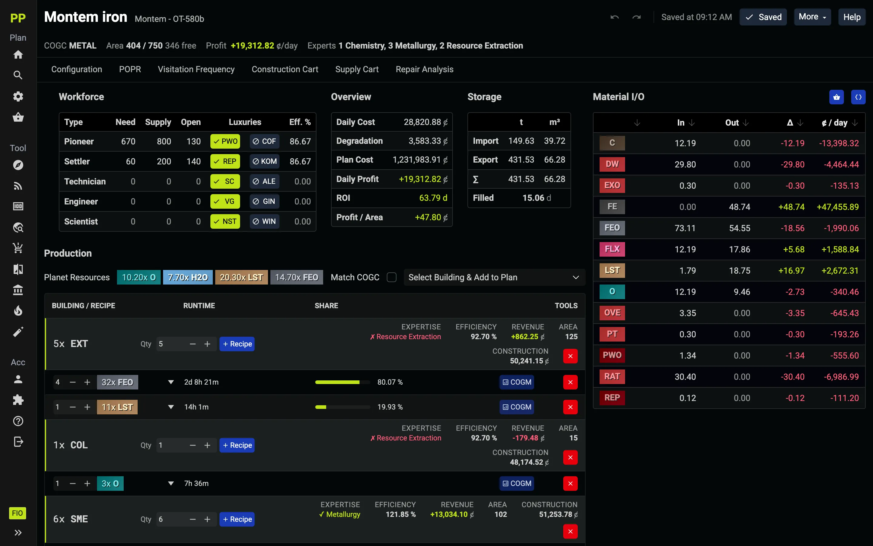 The plan editor for an iron base on Montem: workforce, overview, production buildings and material I/O